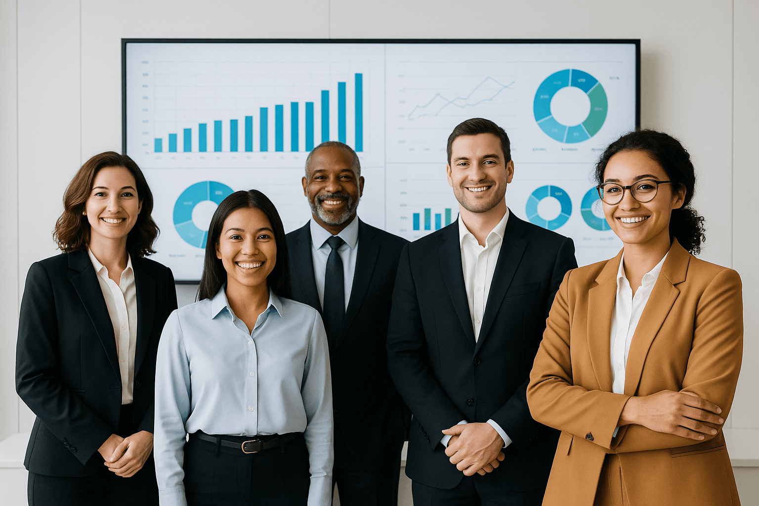 Profissionais diversos do setor imobiliário em sala iluminada, com tela exibindo gráficos ao fundo