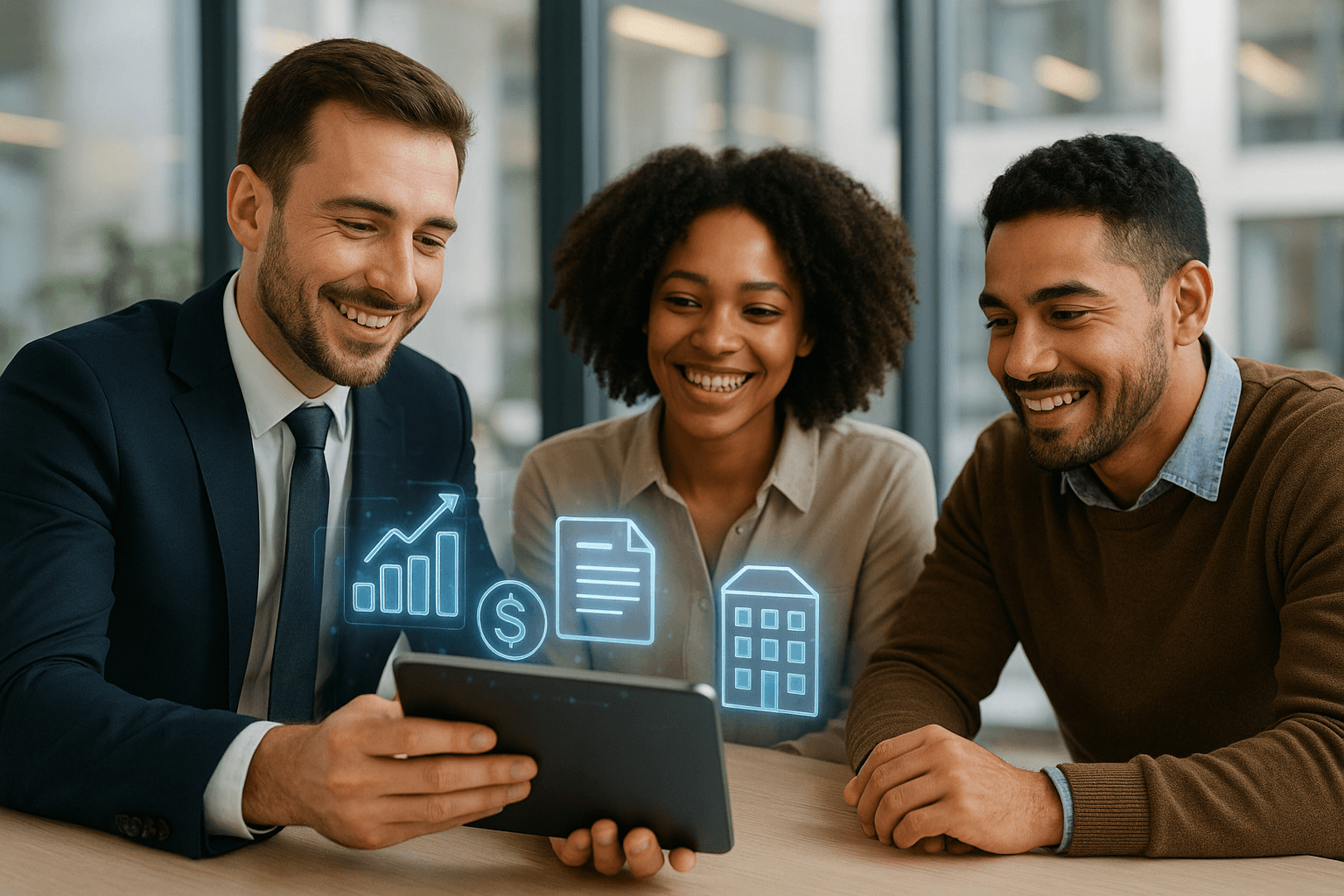 Agente apresentando proposta digital em tablet para clientes em reunião, ambiente corporativo bem iluminado